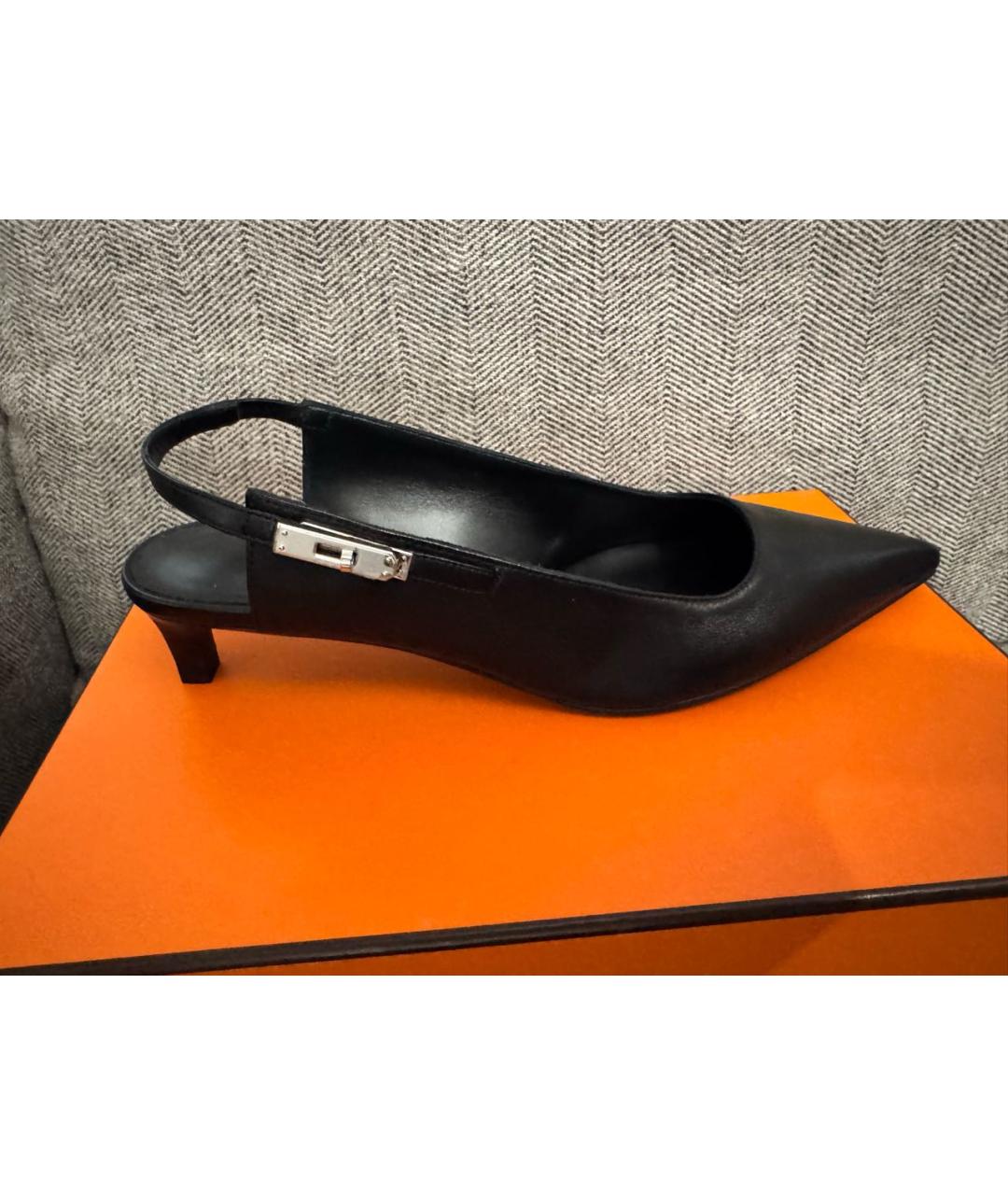 HERMES Черные кожаные лодочки на низком каблуке, фото 6