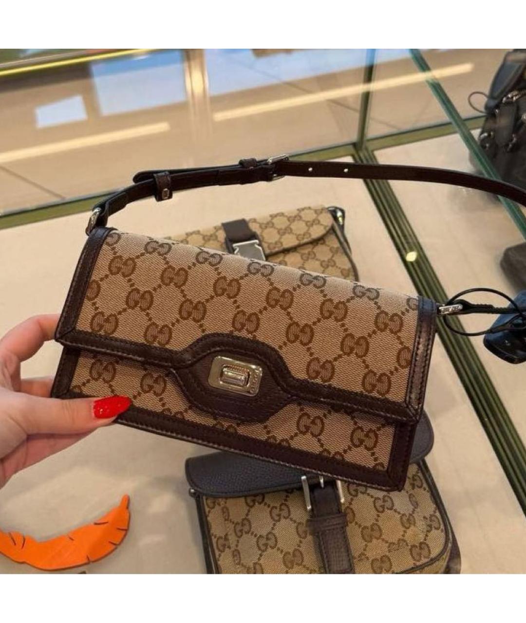 GUCCI Коричневая канва сумка с короткими ручками, фото 5