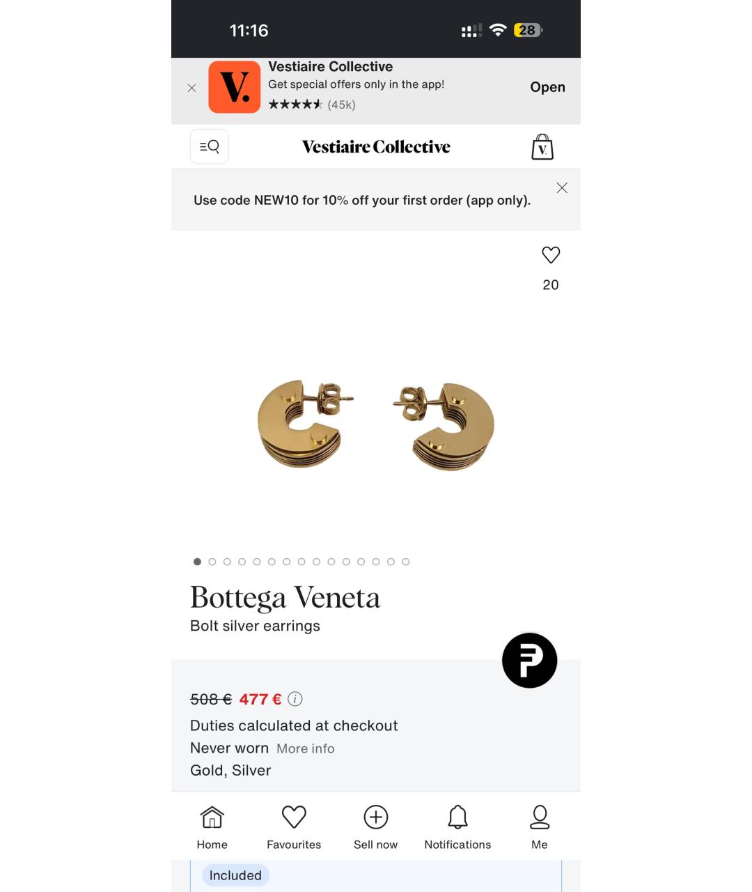 BOTTEGA VENETA Золотые серебряные серьги, фото 7