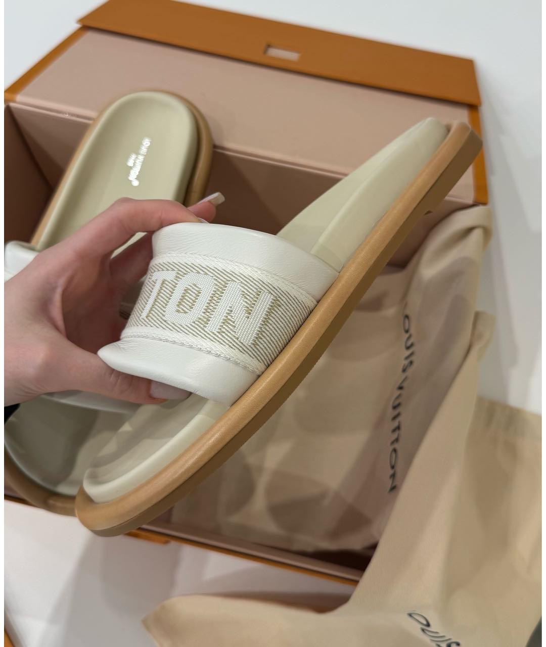 LOUIS VUITTON Бежевые кожаные шлепанцы, фото 6
