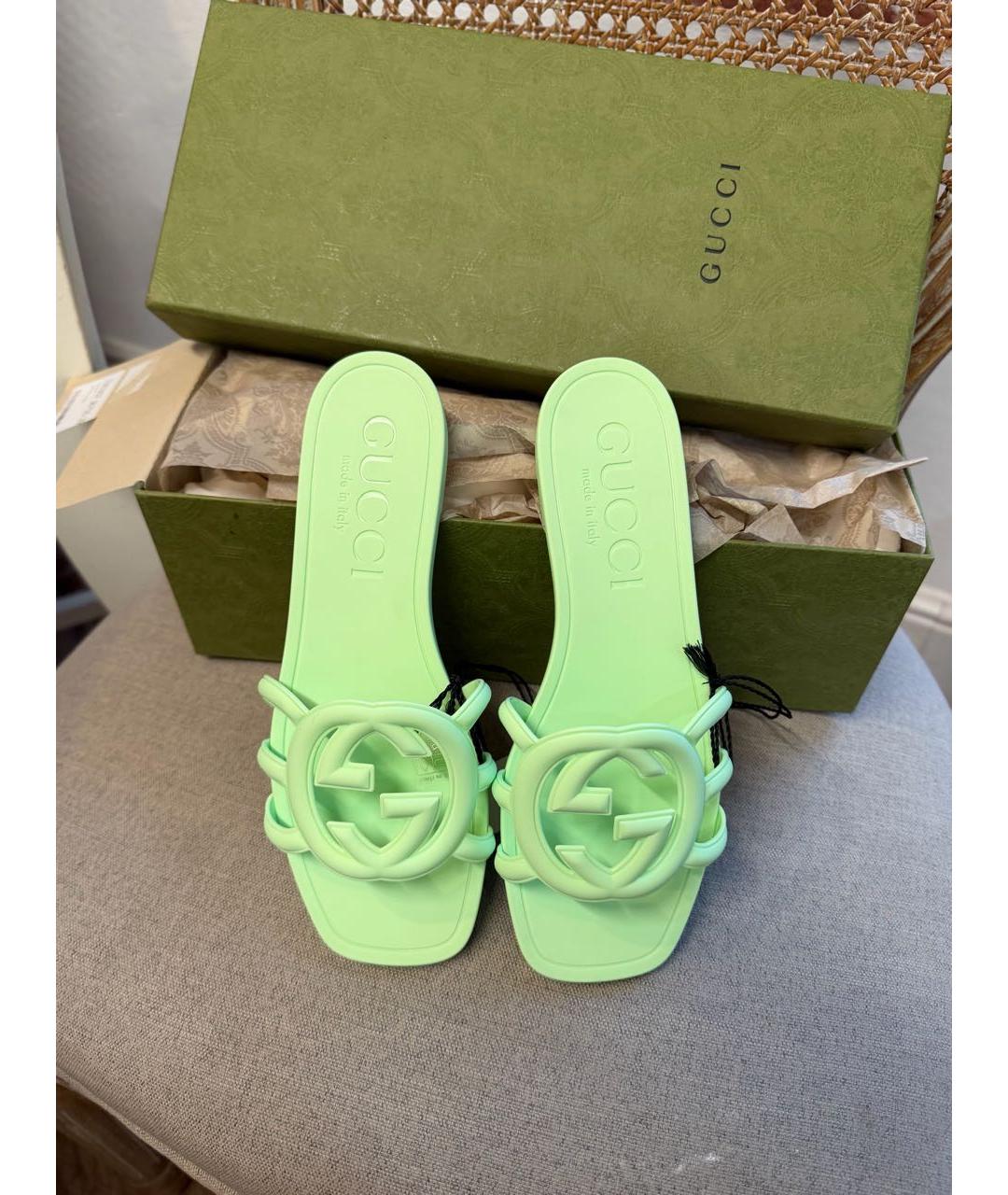 GUCCI Салатовые резиновые шлепанцы, фото 3