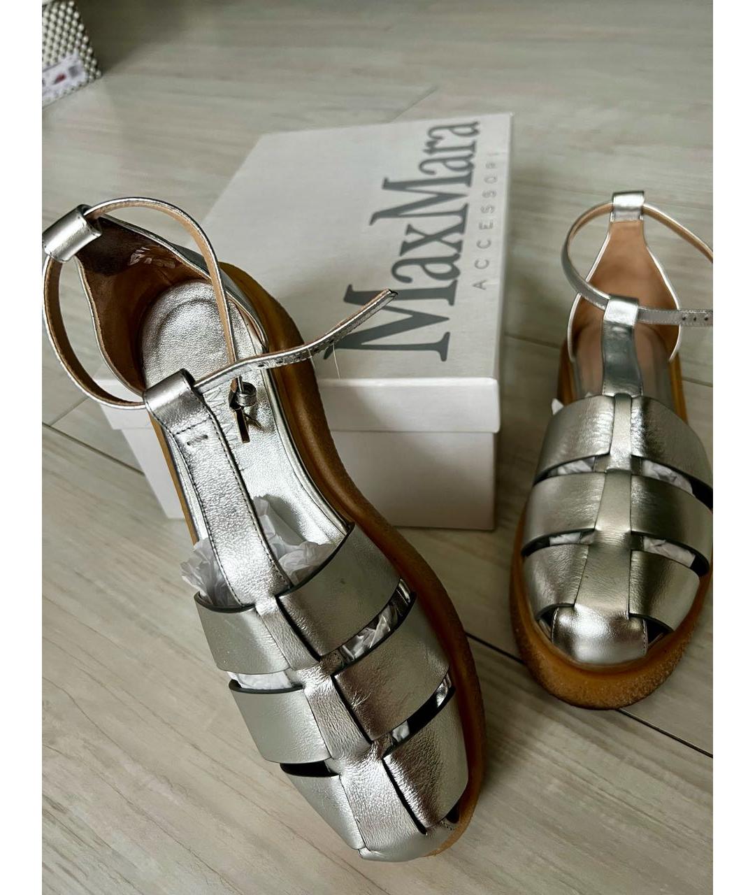 MAX MARA Серебряные кожаные босоножки, фото 4