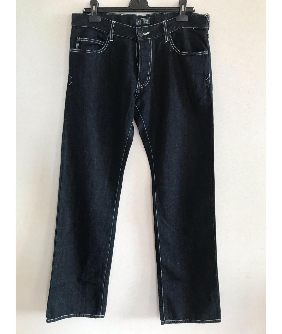 ARMANI JEANS Темно-синие хлопко-льняные прямые джинсы, фото 7