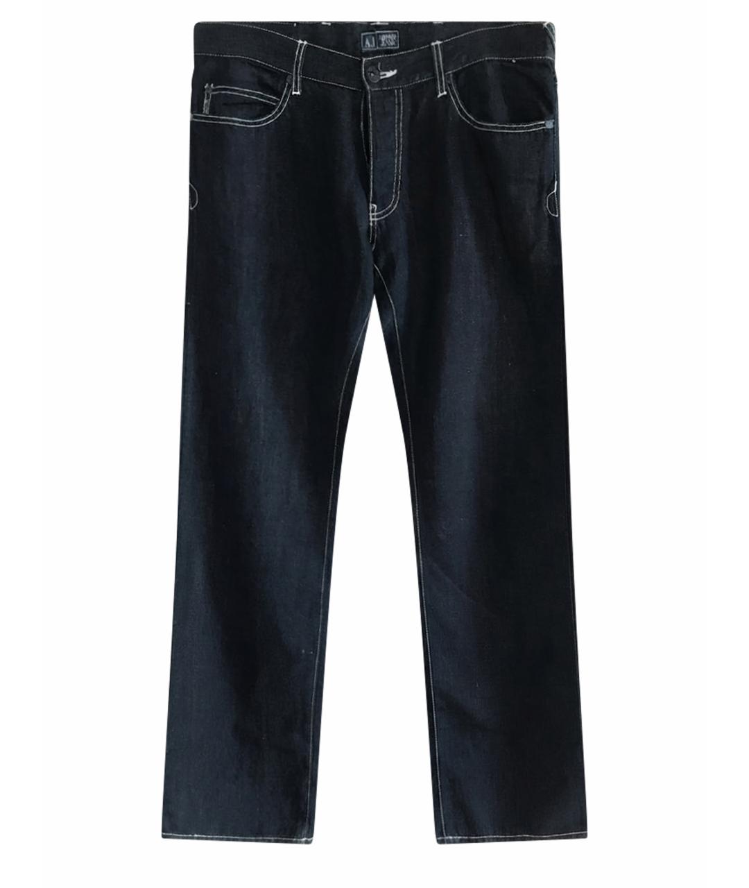 ARMANI JEANS Темно-синие хлопко-льняные прямые джинсы, фото 1