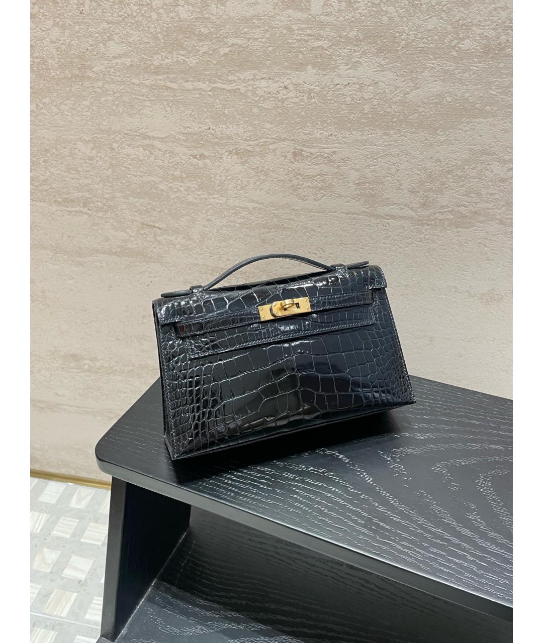 HERMES Черная сумка с короткими ручками из экзотической кожи, фото 5