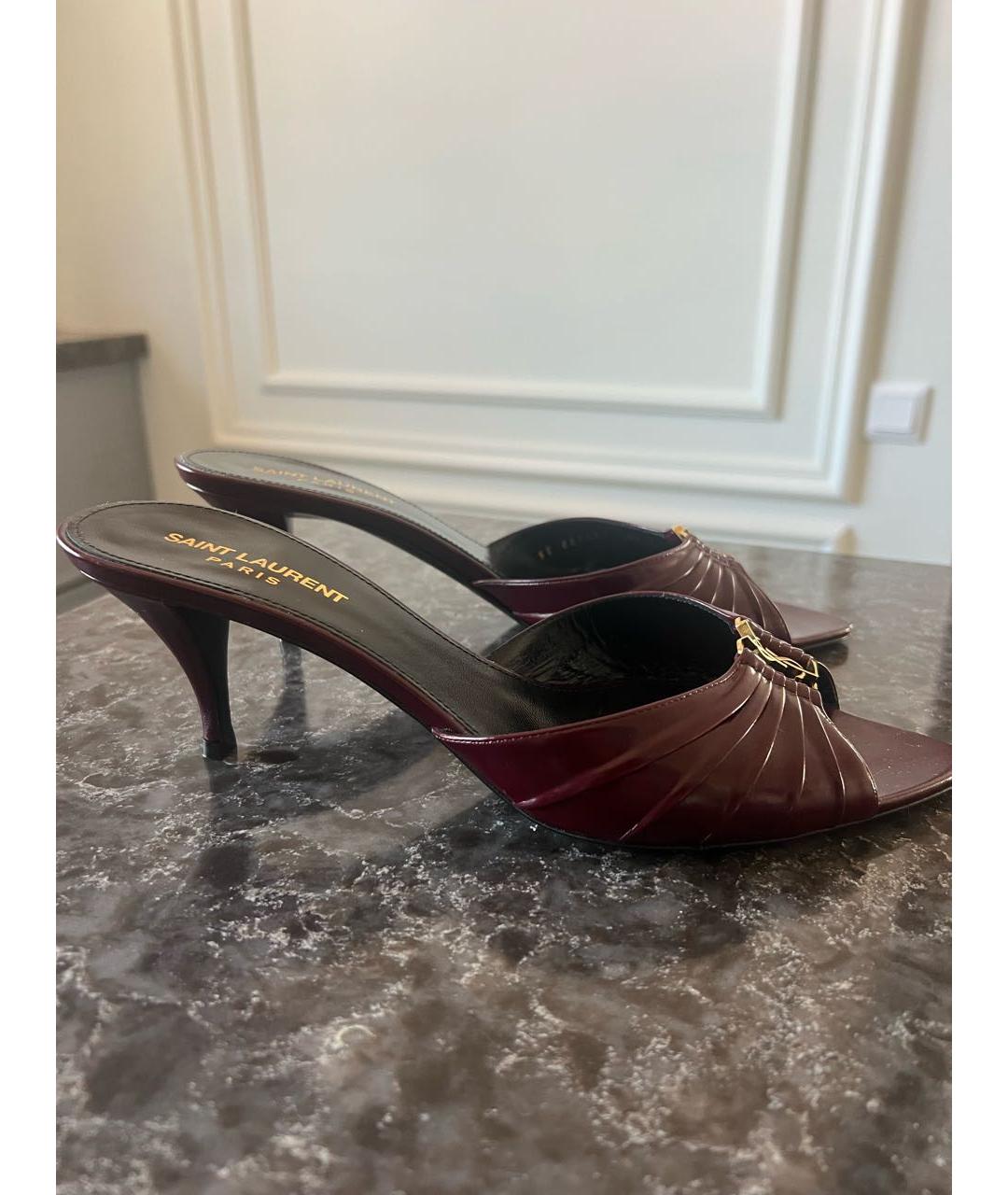 SAINT LAURENT Бордовые кожаные мюли, фото 8