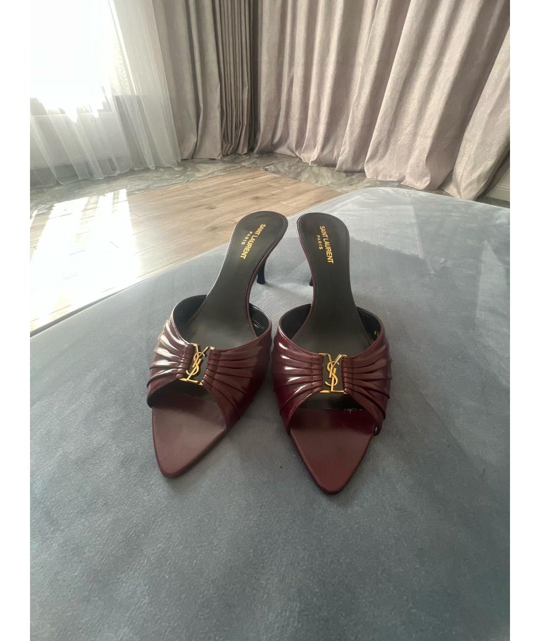 SAINT LAURENT Бордовые кожаные мюли, фото 2