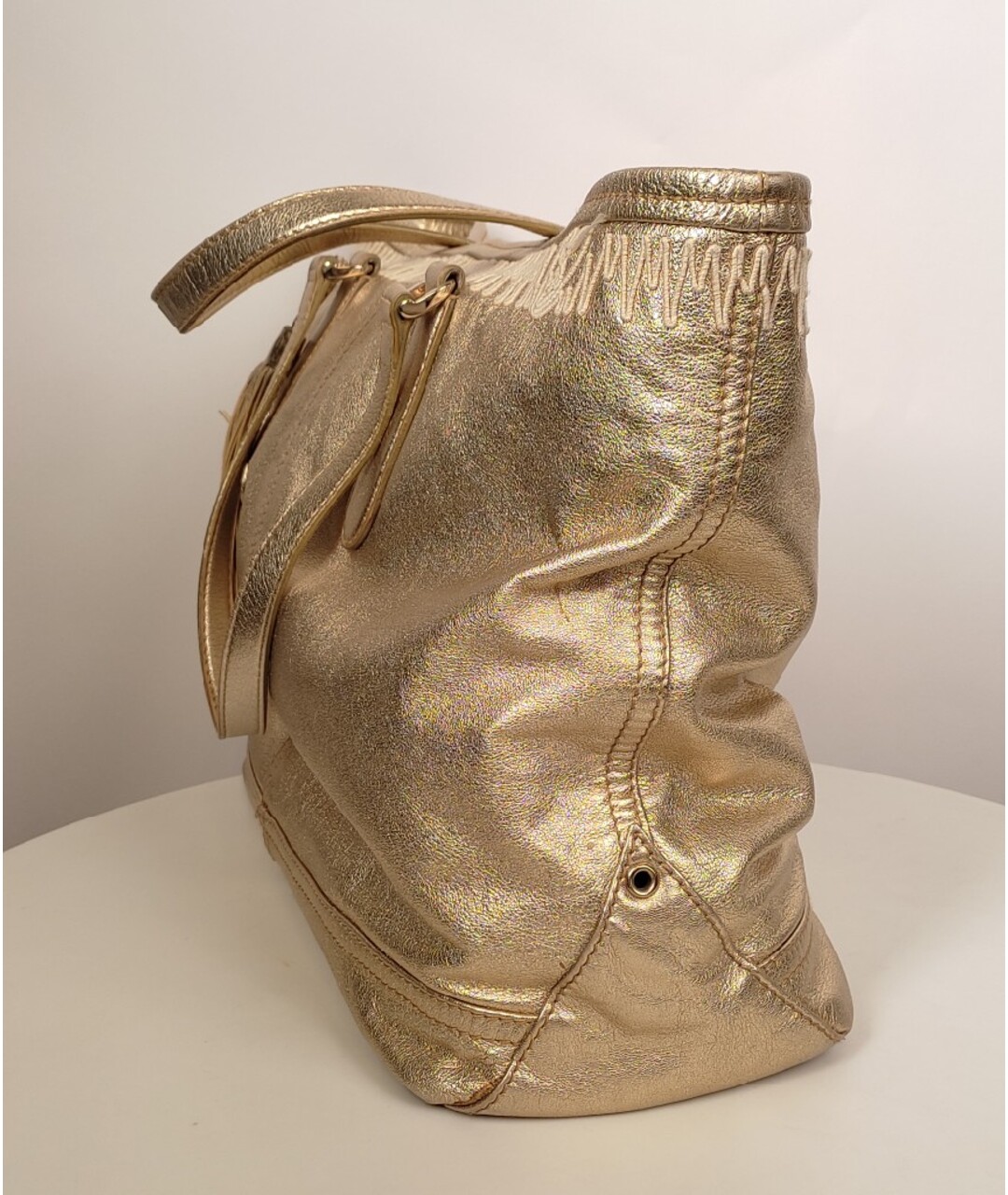 SAINT LAURENT Золотая кожаная сумка тоут, фото 3