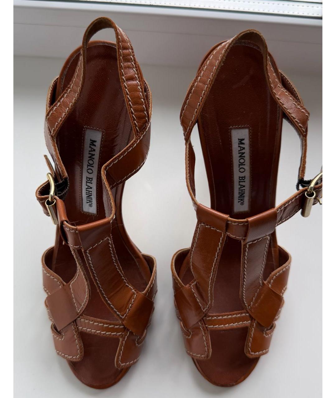 MANOLO BLAHNIK Коричневые кожаные босоножки, фото 3