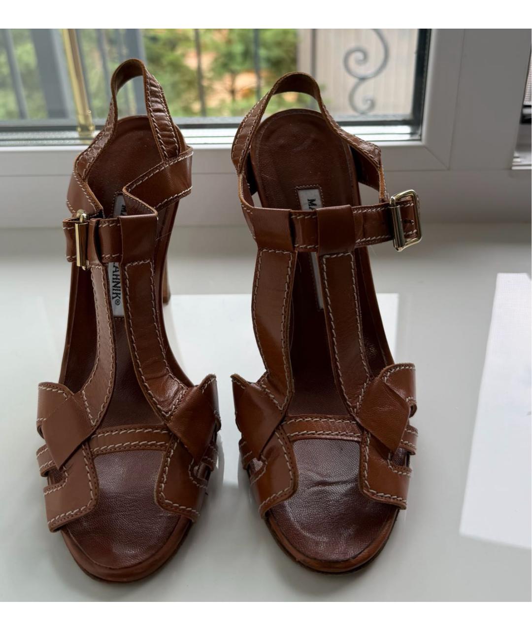 MANOLO BLAHNIK Коричневые кожаные босоножки, фото 2