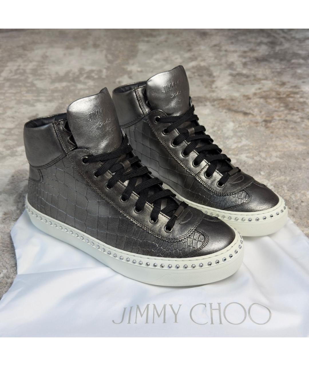 JIMMY CHOO Серебряные кожаные высокие кроссовки / кеды, фото 2