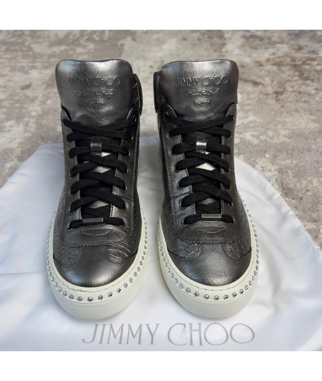 JIMMY CHOO Серебряные кожаные высокие кроссовки / кеды, фото 4
