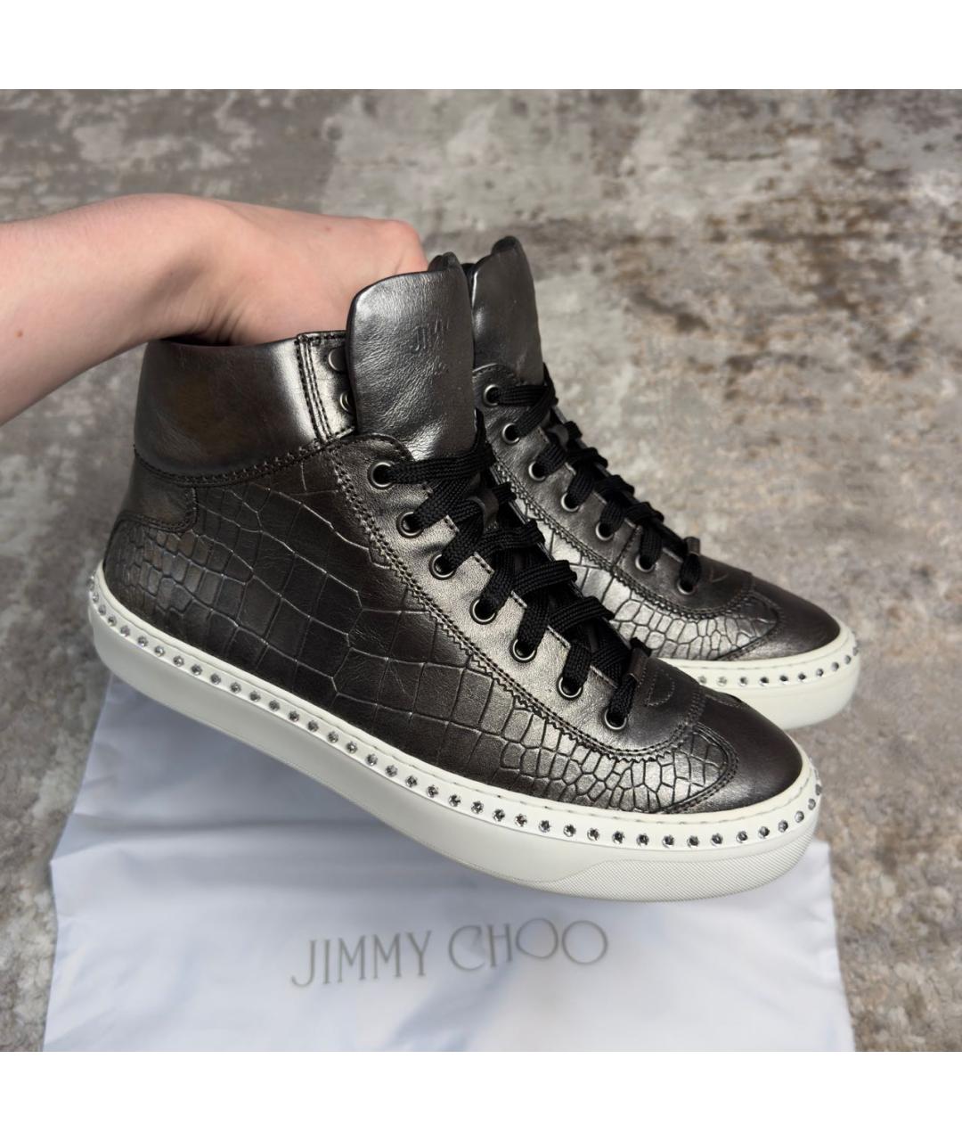 JIMMY CHOO Серебряные кожаные высокие кроссовки / кеды, фото 7