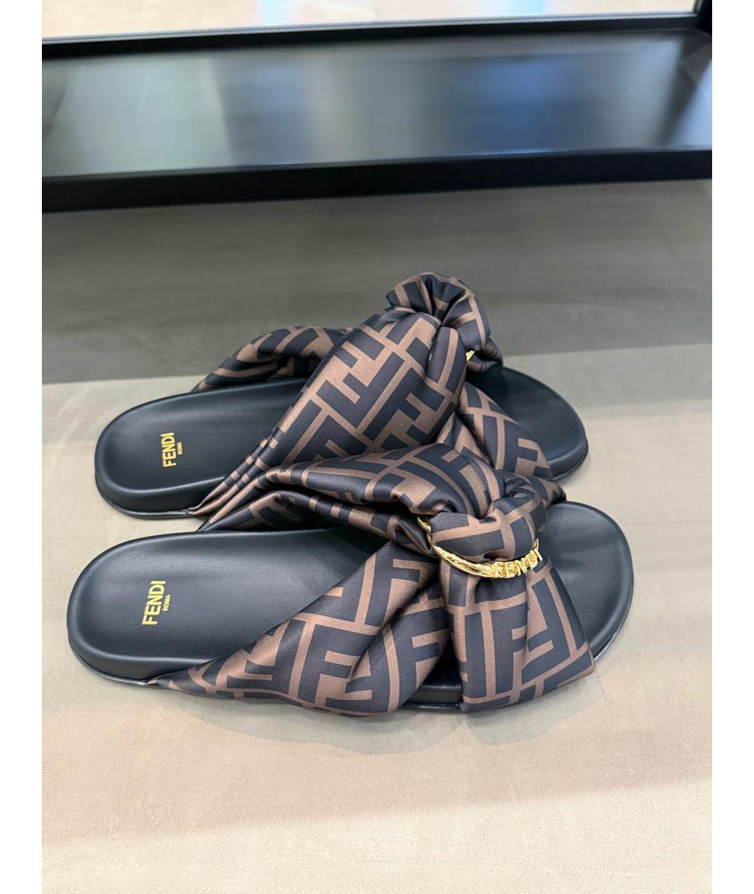 FENDI Коричневые текстильные шлепанцы, фото 4