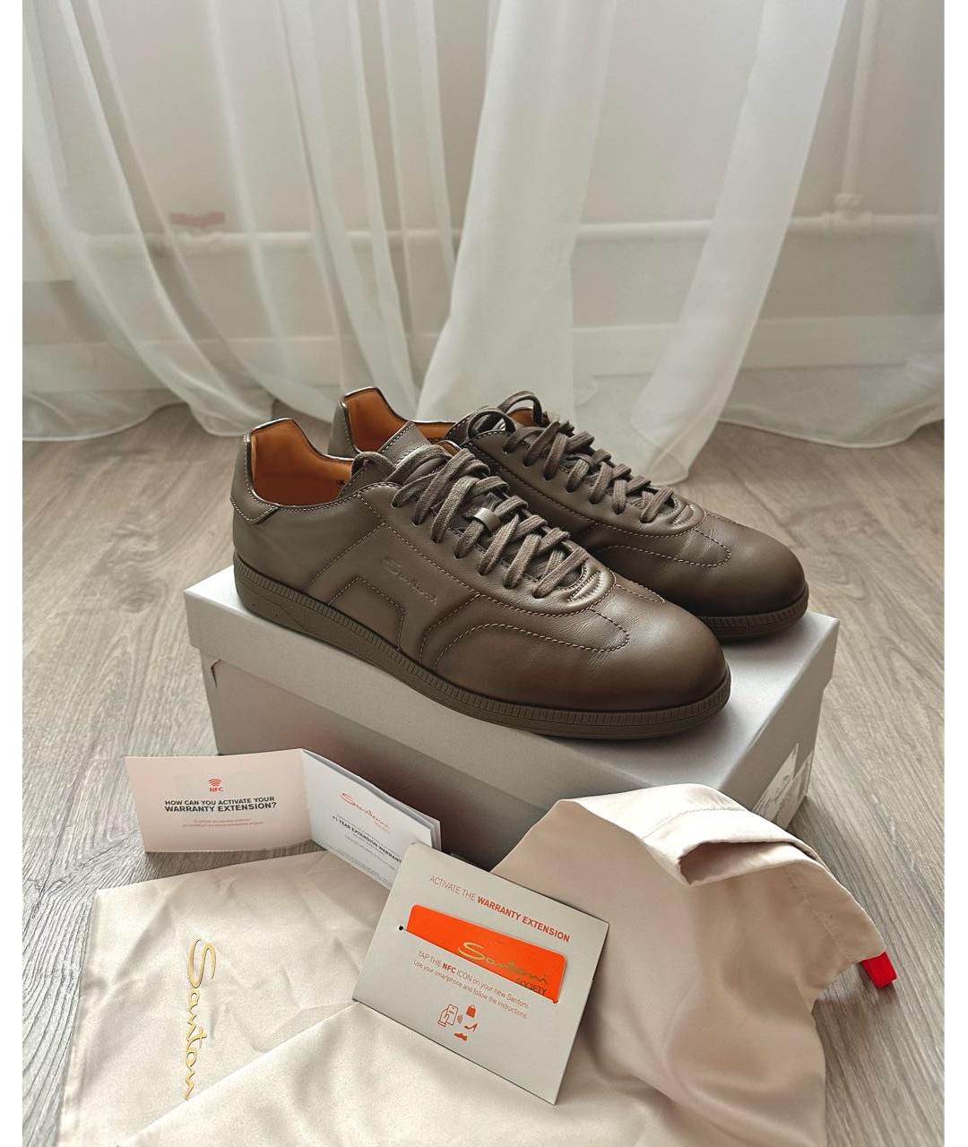 SANTONI Коричневые кожаные низкие кроссовки / кеды, фото 3