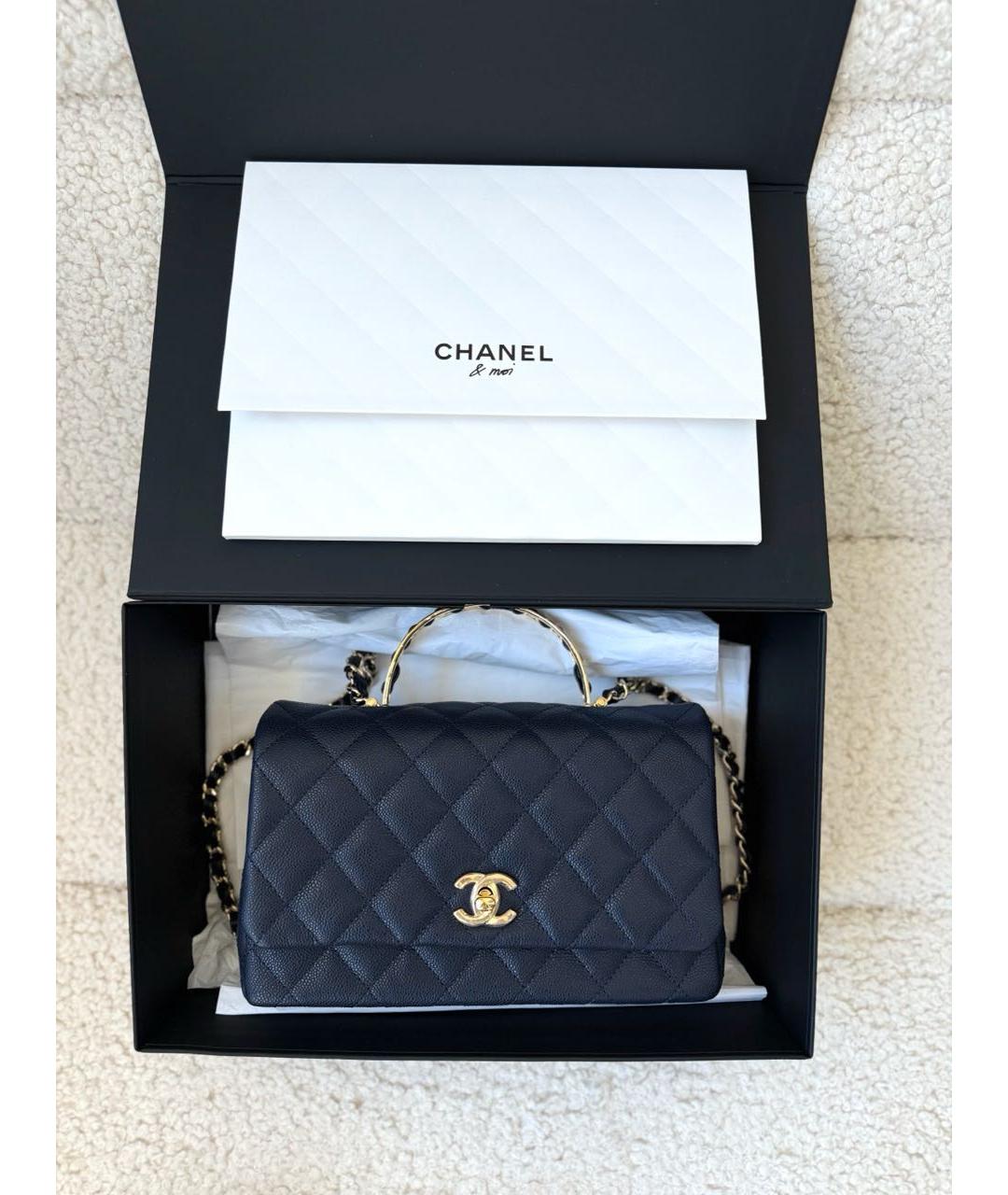 CHANEL Темно-синяя кожаная сумка тоут, фото 5