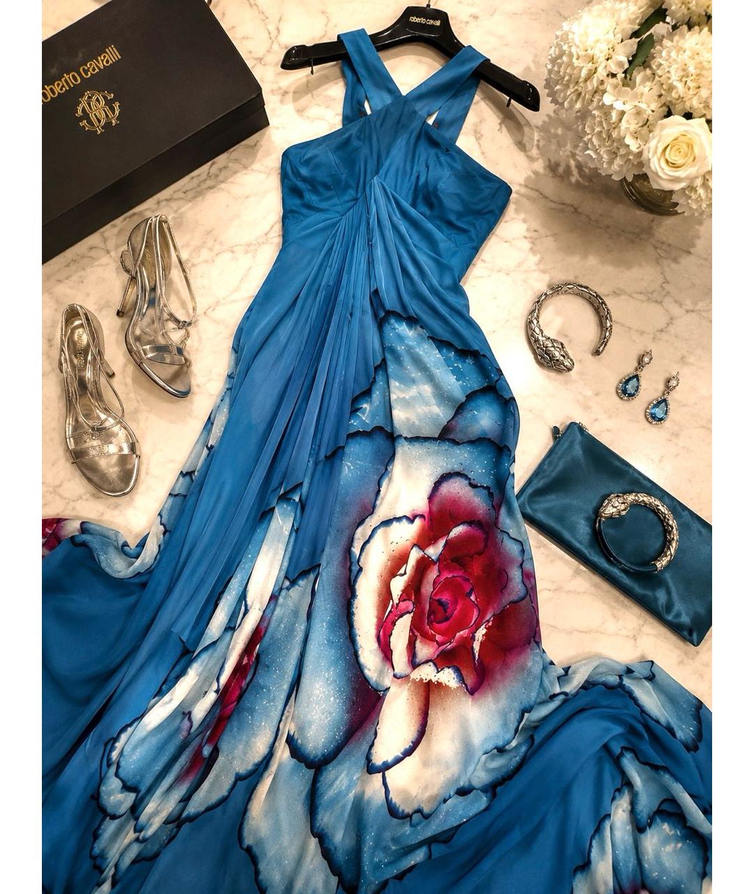 ROBERTO CAVALLI Бирюзовое шелковое вечернее платье, фото 5