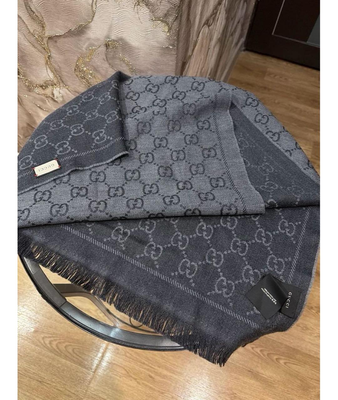 GUCCI Черный шерстяной шарф, фото 3