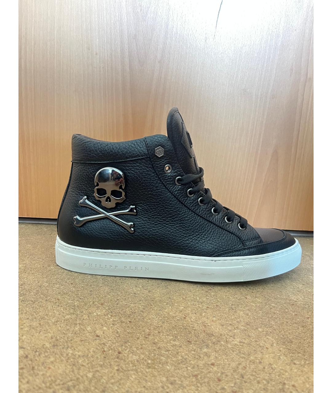 PHILIPP PLEIN Черные кожаные высокие кроссовки / кеды, фото 5