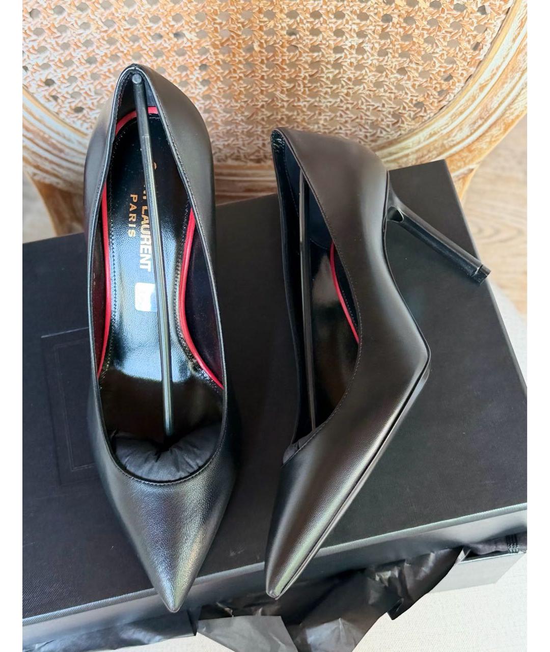 SAINT LAURENT Черные кожаные лодочки на низком каблуке, фото 2