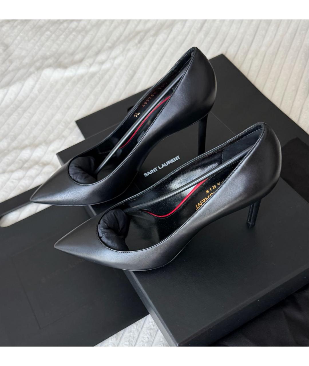 SAINT LAURENT Черные кожаные лодочки на низком каблуке, фото 8