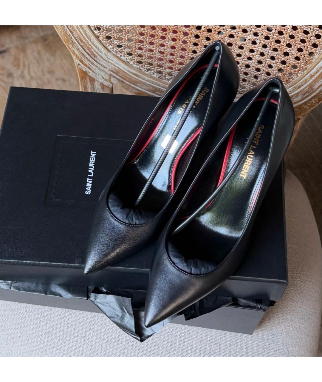SAINT LAURENT Черные кожаные лодочки на низком каблуке, фото 3