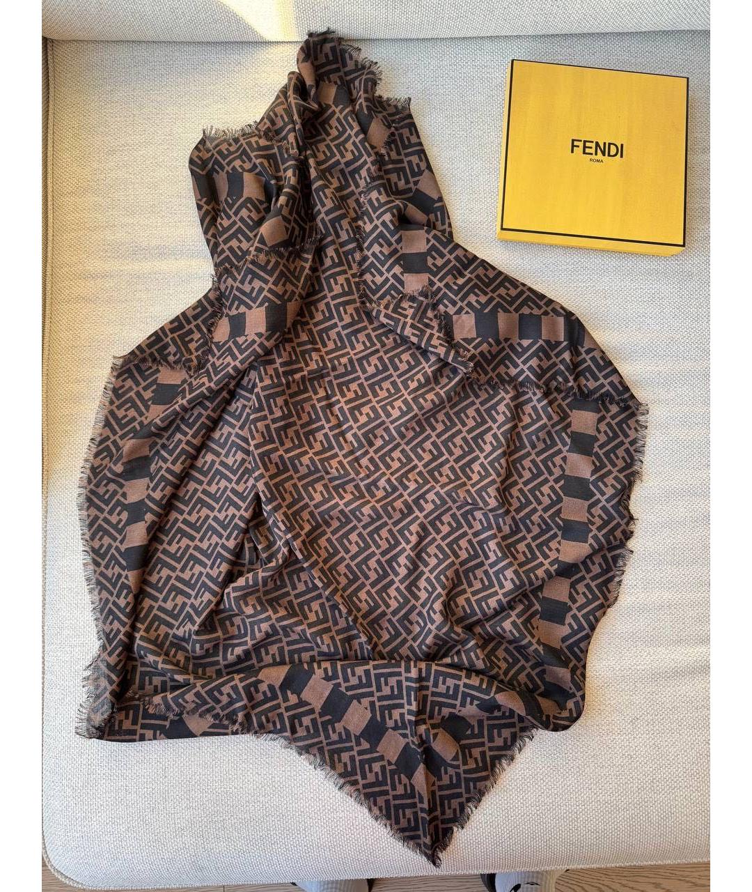 FENDI Коричневый шелковый шарф, фото 2
