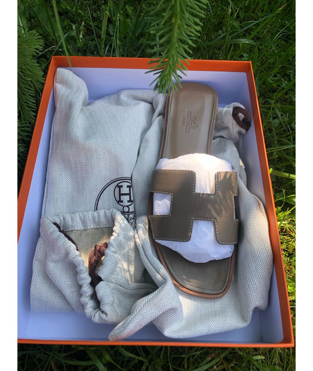 HERMES Хаки кожаные шлепанцы, фото 5