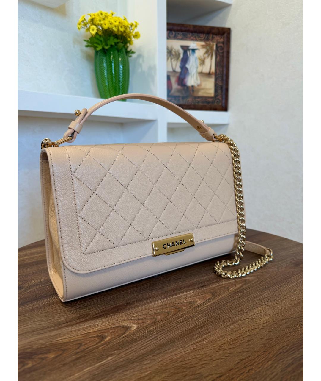 CHANEL Бежевая кожаная сумка через плечо, фото 3