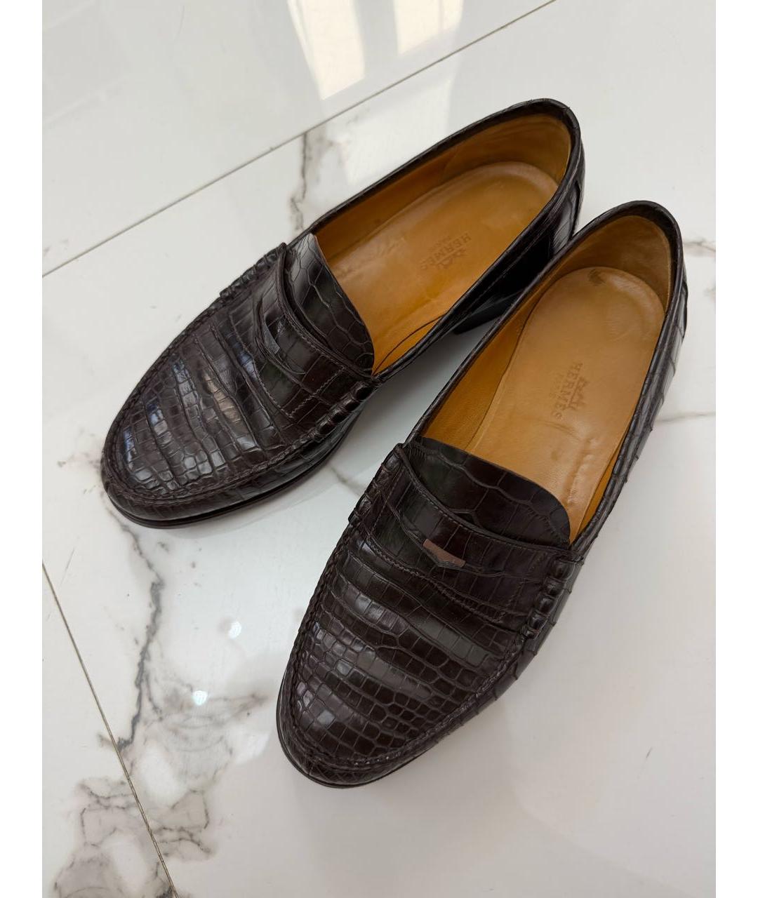 HERMES Коричневые лоферы из экзотической кожи, фото 3