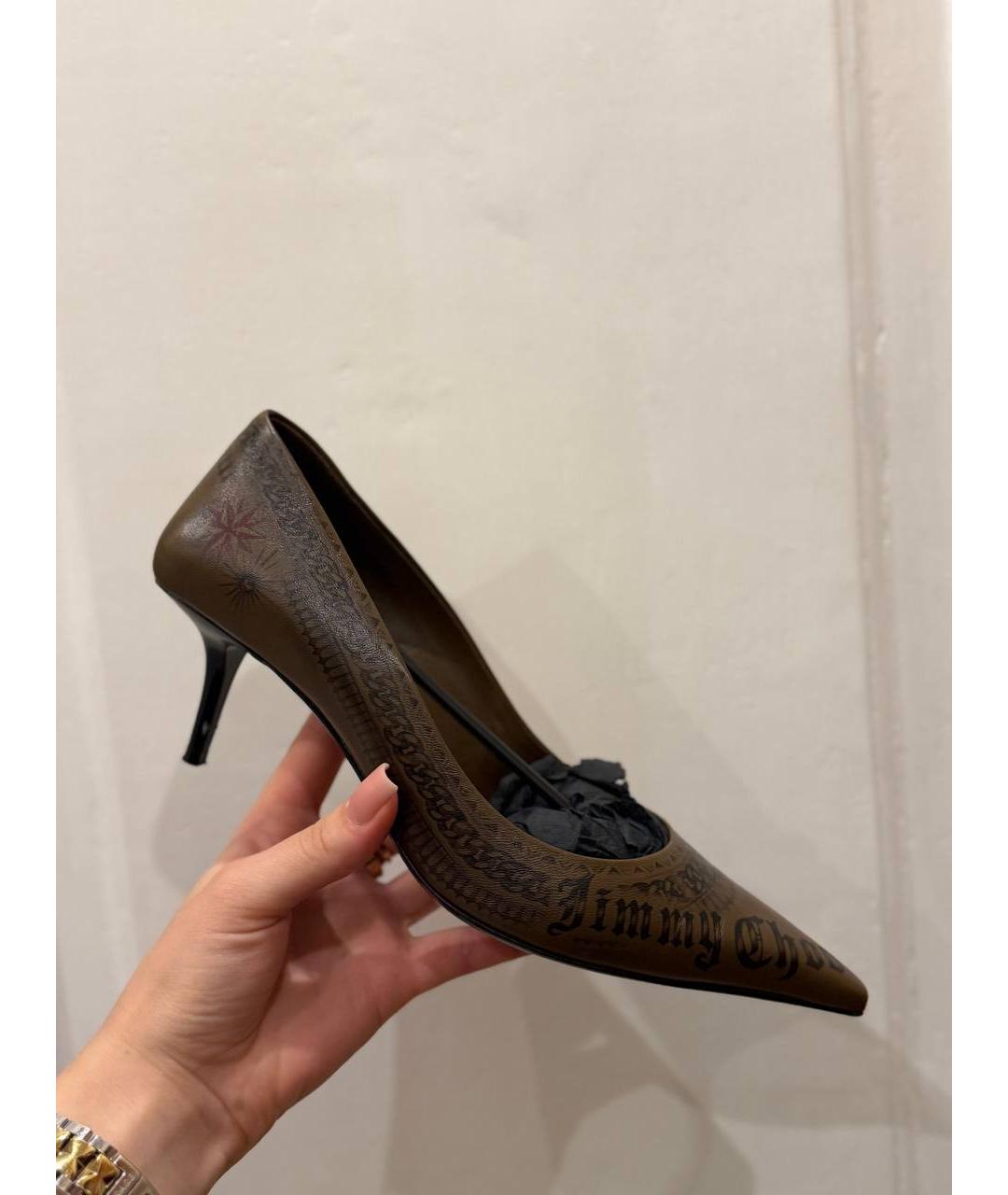 JIMMY CHOO Коричневые кожаные лодочки на низком каблуке, фото 10