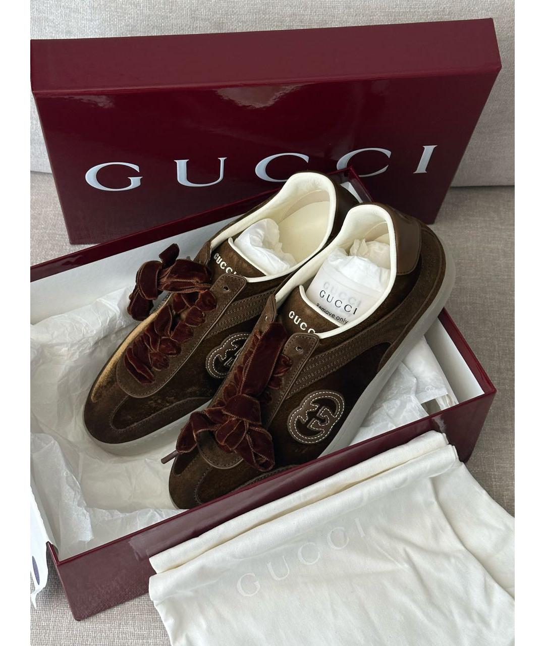 GUCCI Коричневые бархатные кеды, фото 4