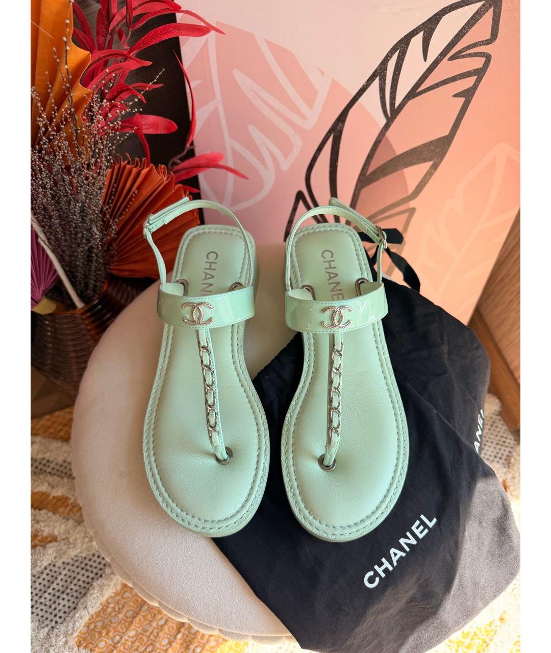 CHANEL Бирюзовые кожаные сандалии, фото 2