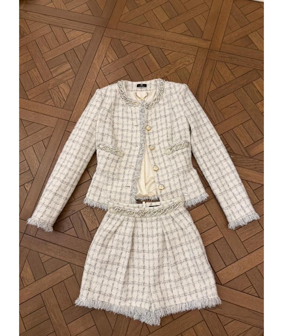 ELISABETTA FRANCHI Бежевый твидовый костюм с юбками, фото 6