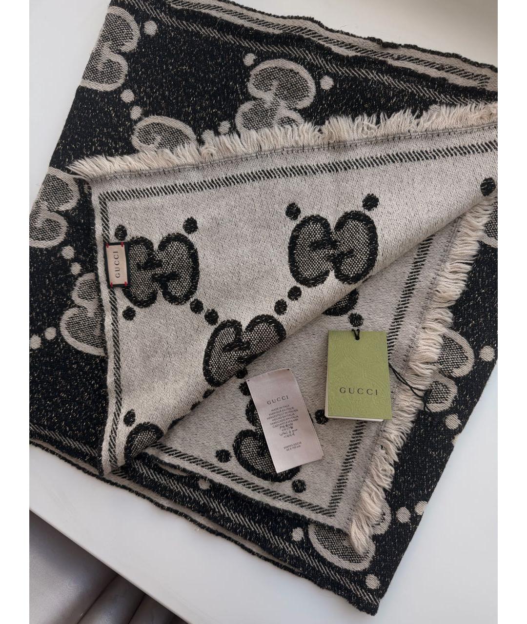 GUCCI Черный шерстяной шарф, фото 3