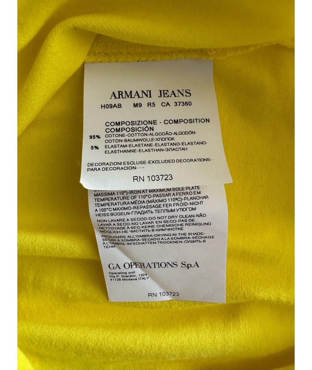 ARMANI JEANS Желтая хлопковая футболка, фото 4