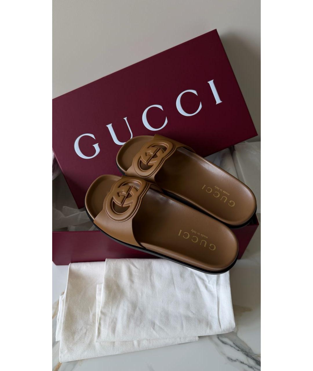 GUCCI Коричневые кожаные шлепанцы, фото 4
