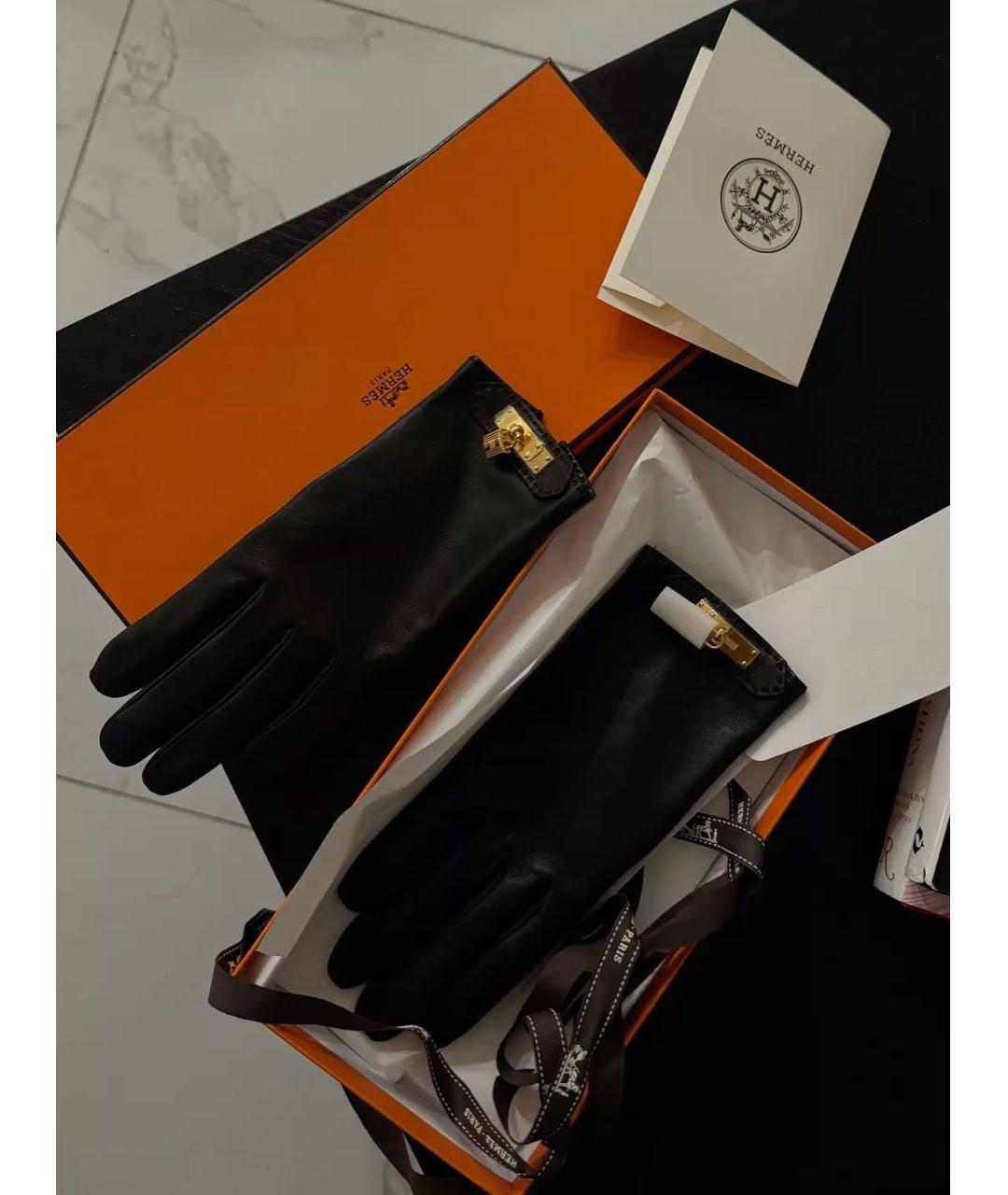 HERMES Черные кожаные перчатки, фото 7