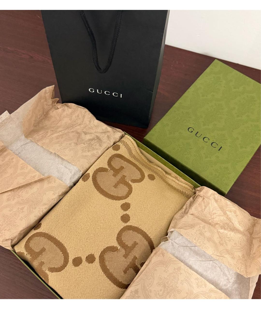 GUCCI Бежевый шерстяной шарф, фото 5