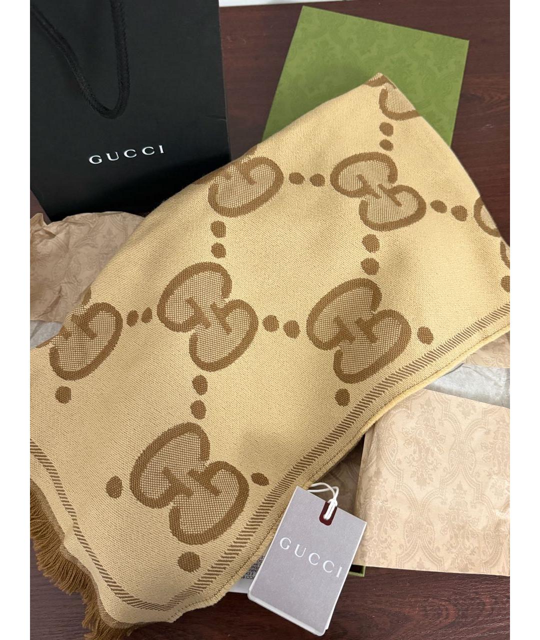 GUCCI Бежевый шерстяной шарф, фото 7