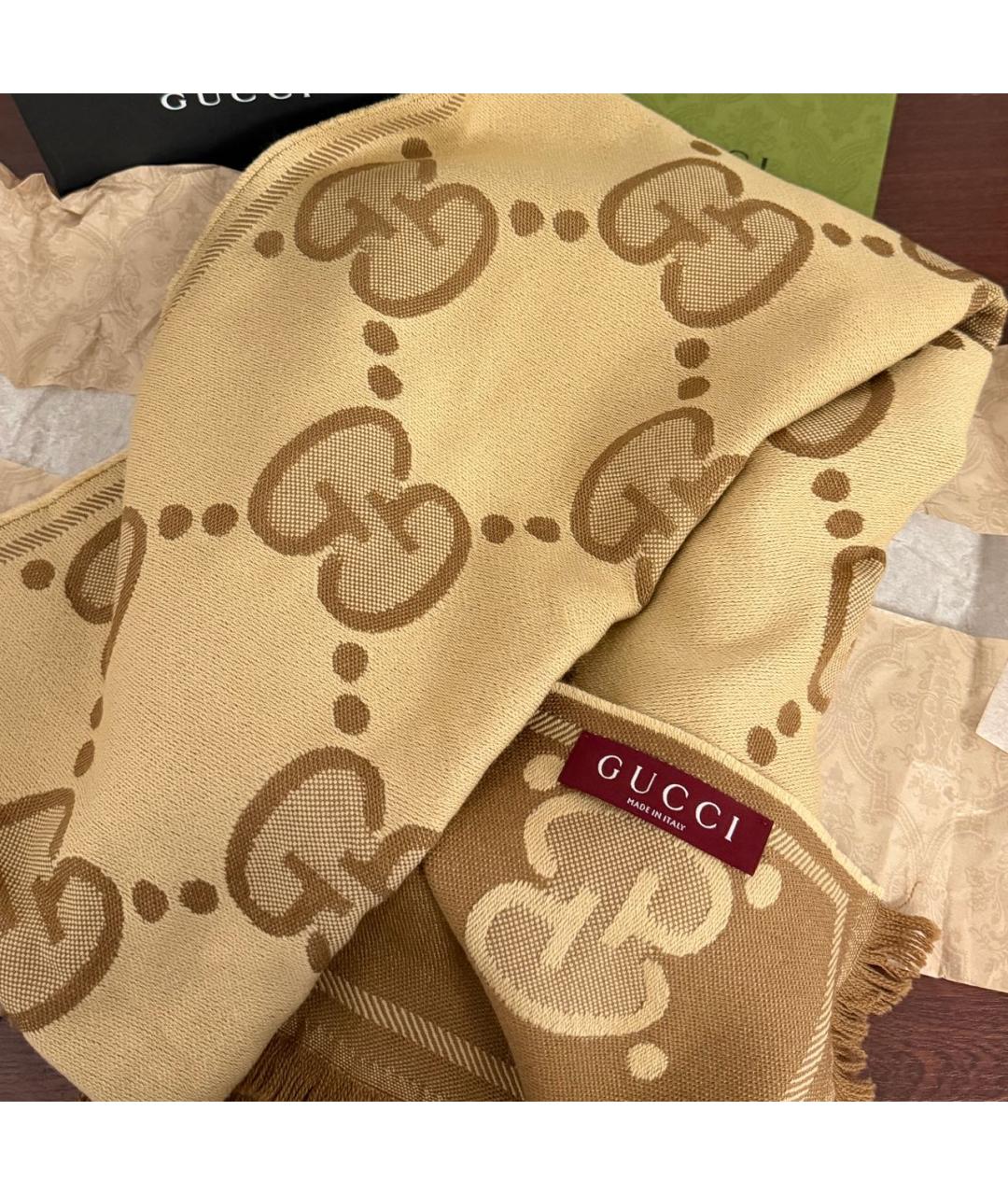 GUCCI Бежевый шерстяной шарф, фото 2
