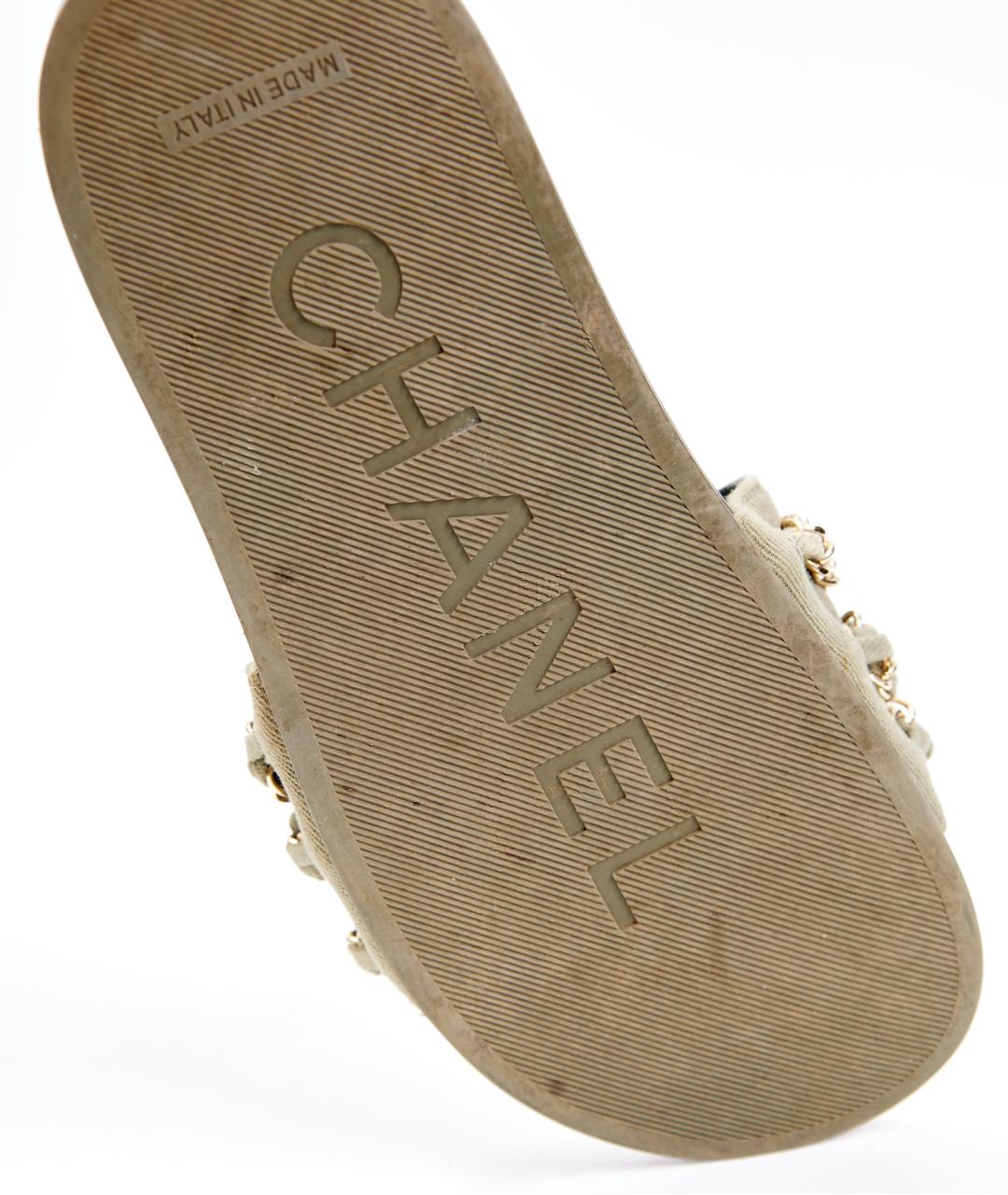 CHANEL Хаки текстильные шлепанцы, фото 6