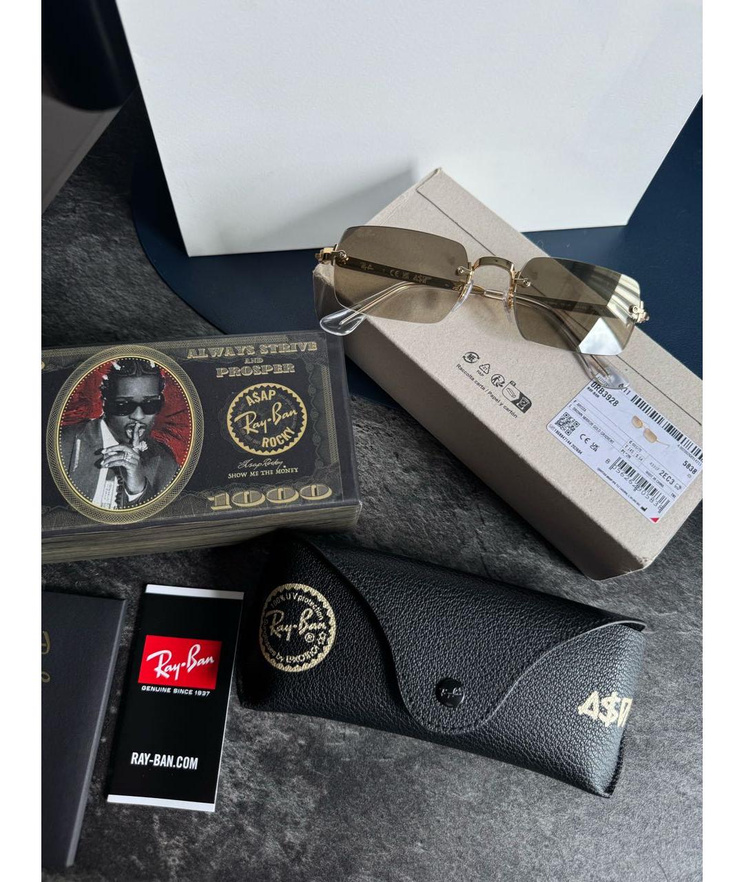 RAY BAN Бежевые металлические солнцезащитные очки, фото 3
