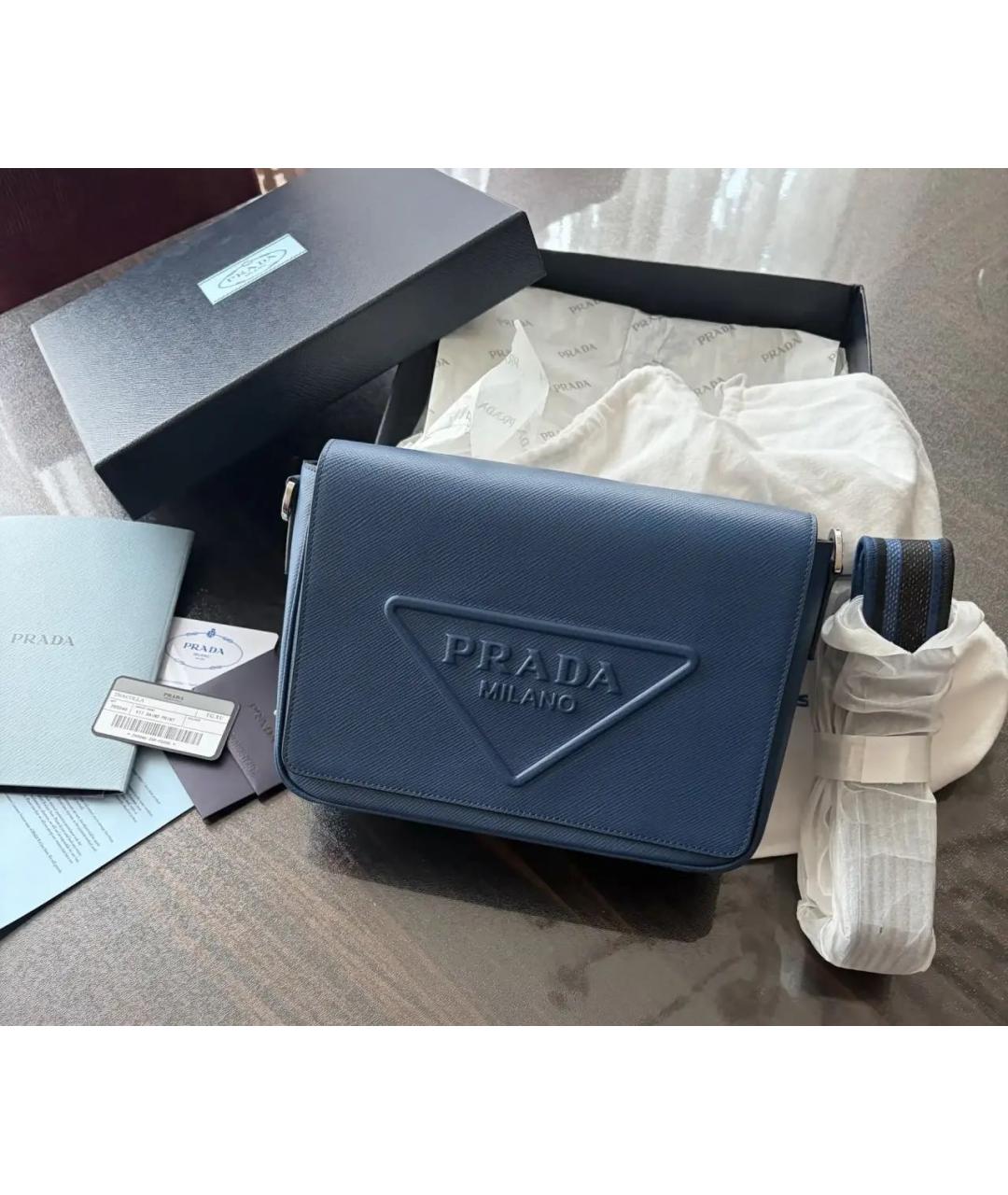 PRADA Темно-синяя кожаная барсетка, фото 9