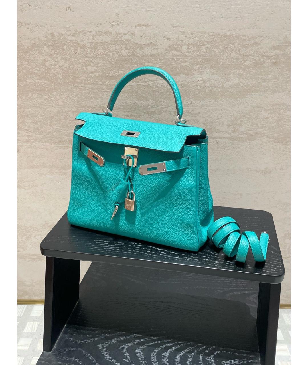 HERMES Синяя кожаная сумка с короткими ручками, фото 5