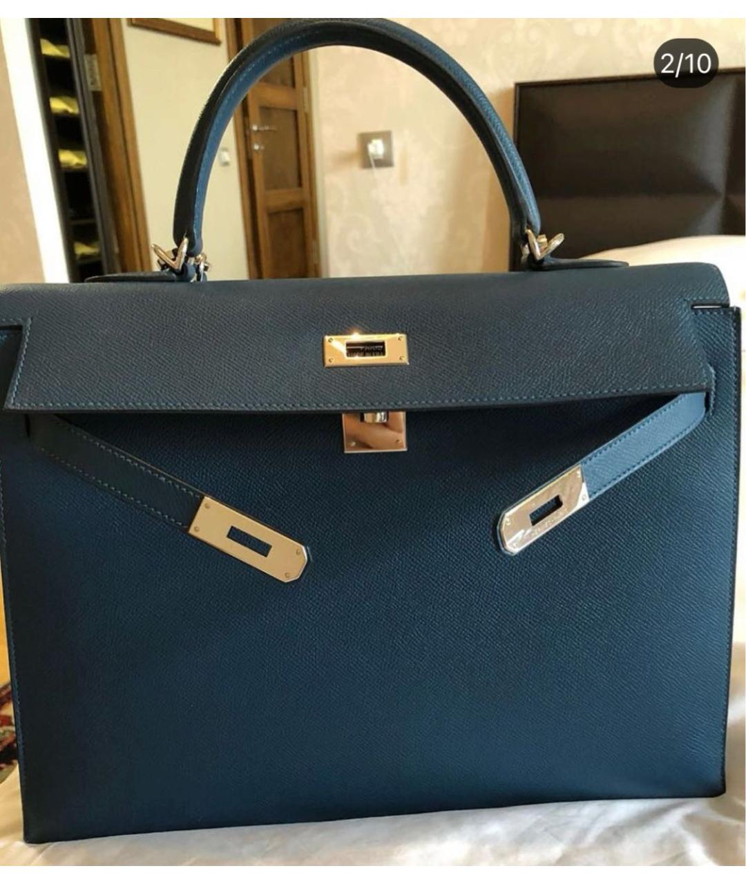 HERMES Темно-синяя кожаная сумка с короткими ручками, фото 6