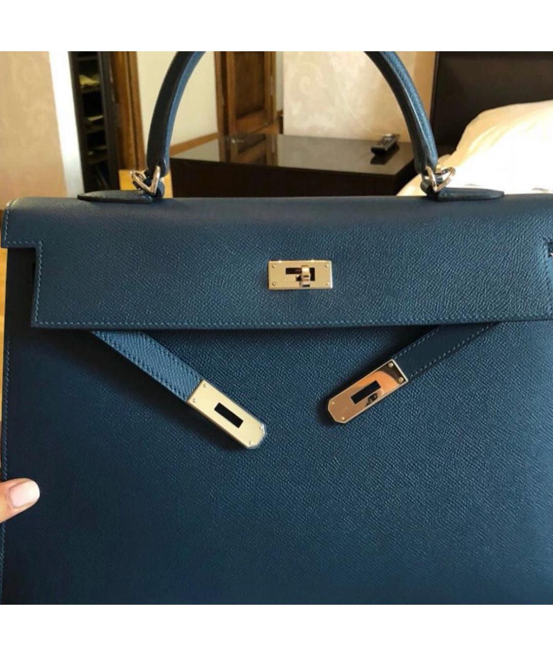 HERMES Темно-синяя кожаная сумка с короткими ручками, фото 5
