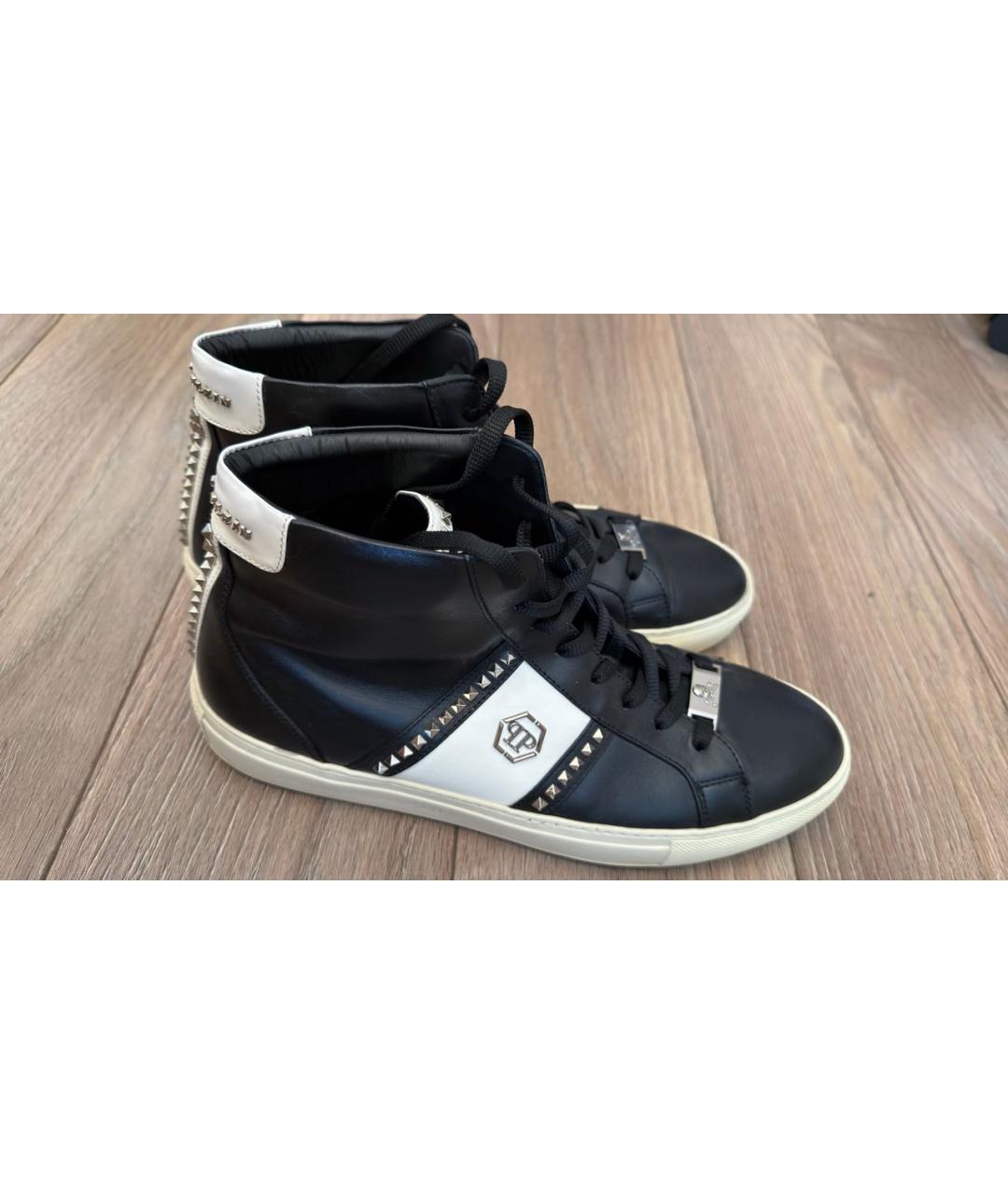 PHILIPP PLEIN Черные кожаные высокие кроссовки / кеды, фото 6