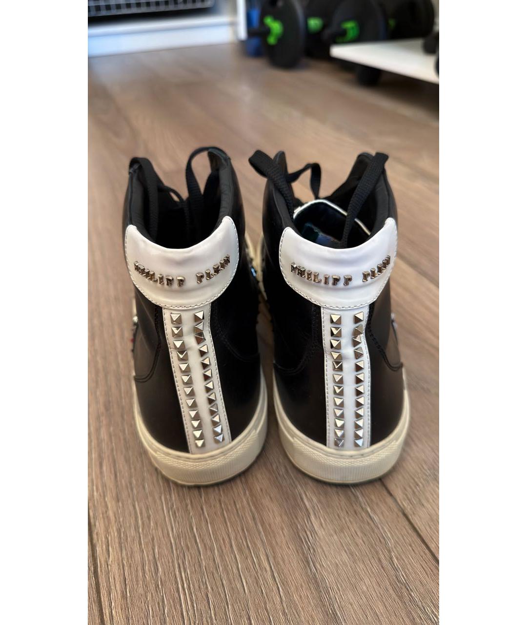 PHILIPP PLEIN Черные кожаные высокие кроссовки / кеды, фото 4