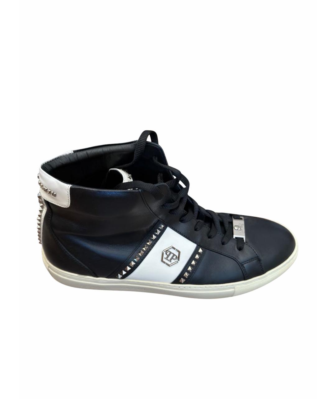 PHILIPP PLEIN Черные кожаные высокие кроссовки / кеды, фото 1